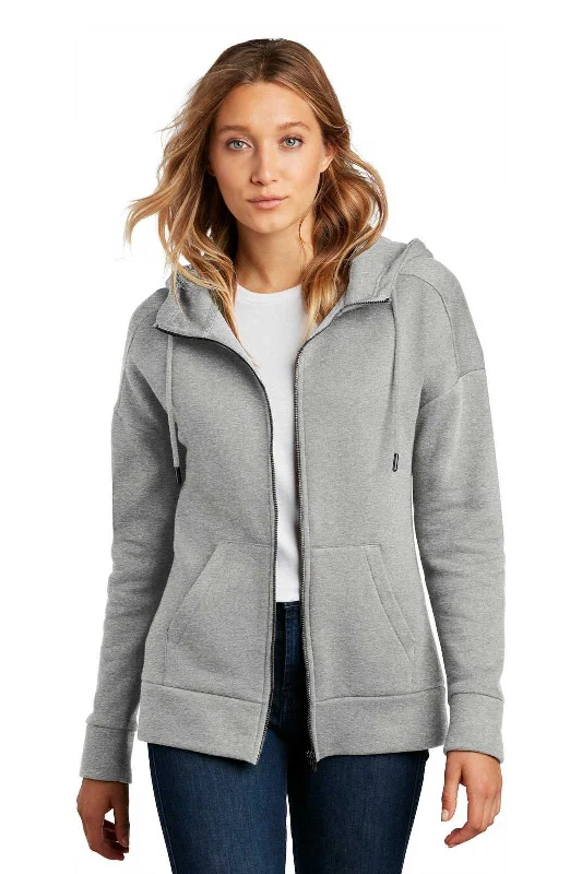 District DT1104 Womens Perfect Weight Fleece Drop Shoulder Full-Zip Hoodie - Heathered Steel Hoodie with Slit Hem Functional Movement