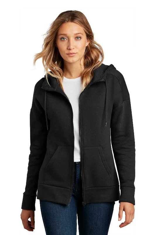 District DT1104 Womens Perfect Weight Fleece Drop Shoulder Full-Zip Hoodie - Jet Black Hoodie with Hem Fringe Bohemian Relaxed