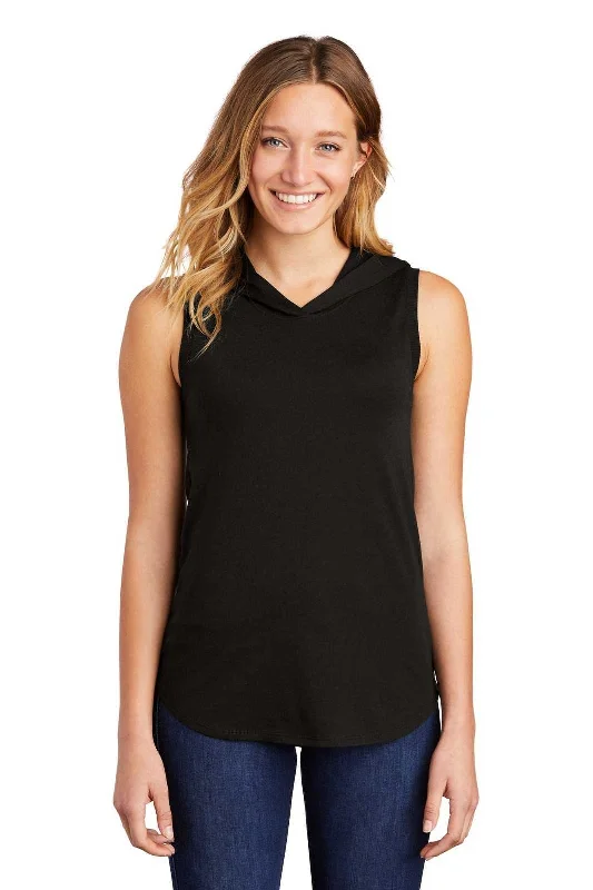 District DT1375 Women's Perfect Tri Sleeveless Hoodie - Black Hoodie with Hem Frayed Vintage Worn