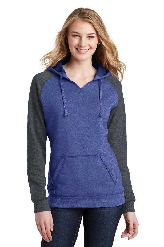 District DT296 Women's Lightweight Fleece Raglan Hoodie - Heathered Deep Royal Heathered Charcoal Hoodie with Neon Bright Vibrant