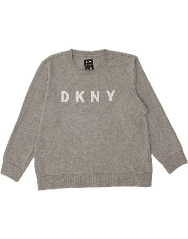 DKNY Womens Oversized Graphic Sweatshirt Jumper UK 14 Large Grey Cotton Hoodie with Double Zipper Versatile Adjustable