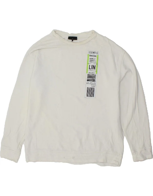 EMPORIO ARMANI Mens Sweatshirt Jumper Medium White Cotton Hoodie with Button Classic Timeless