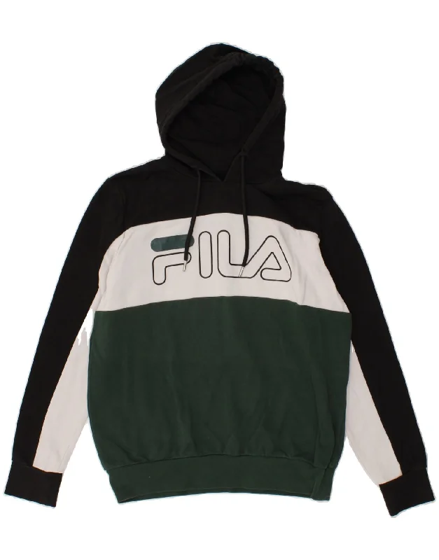 FILA Mens Graphic Hoodie Jumper XS Black Colourblock Hoodie with Stripes Bold Sporty