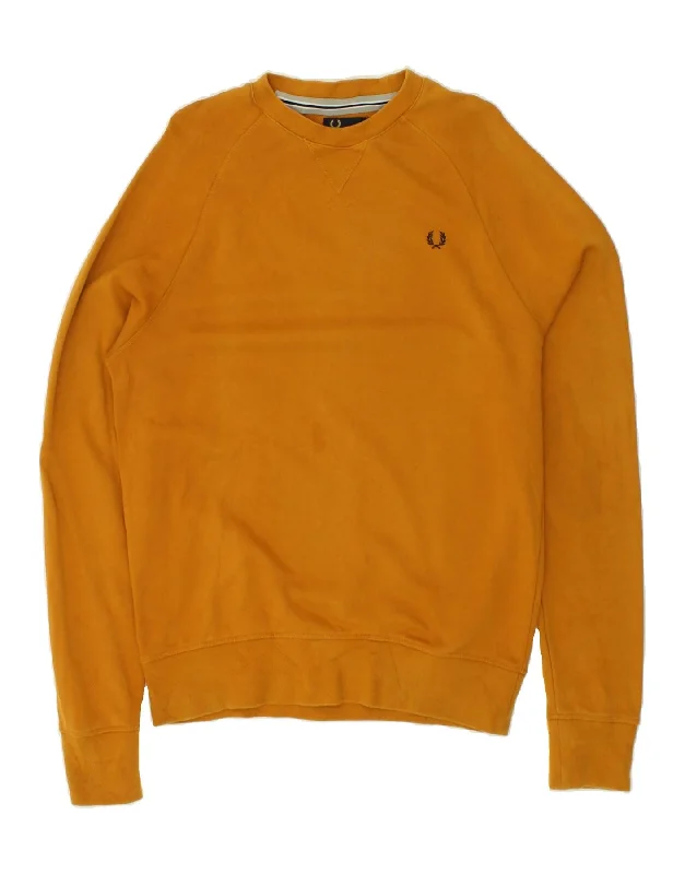 FRED PERRY Mens Sweatshirt Jumper Medium Orange Cotton Hoodie with Longline Fit Extended Stylish