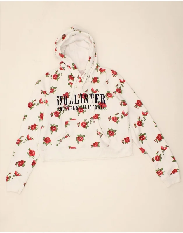 HOLLISTER Womens Oversized Crop Graphic Hoodie Jumper UK 6 XS White Floral Hoodie with Metallic Shiny Futuristic