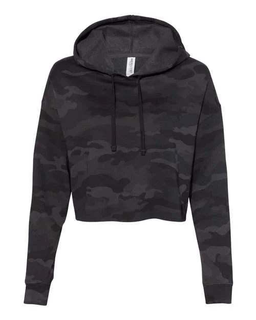 Independent Trading Co AFX64CRP Womens Lightweight Cropped Hooded Sweatshirt - Black Camo Hoodie with High Neck Warm Protective