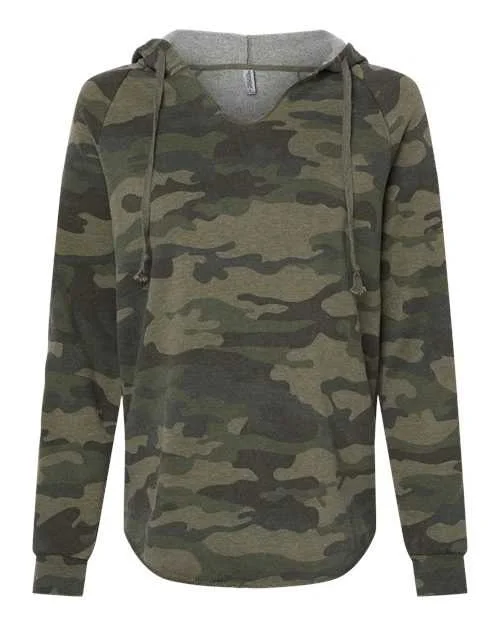 Independent Trading Co PRM2500 Womens Lightweight California Wave Wash Hooded Sweatshirt - Forest Camo Heather Hoodie with Hem Detail Decorative Unique