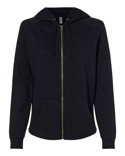 Independent Trading Co PRM2500Z Women's California Wave Wash Full-Zip Hooded Sweatshirt - Black Hoodie with Hem Applique Textured Unique