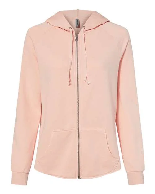 Independent Trading Co PRM2500Z Women's California Wave Wash Full-Zip Hooded Sweatshirt - Blush Hoodie with Hem Contrast Bold Stylish