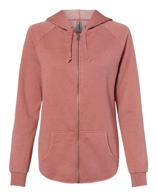 Independent Trading Co PRM2500Z Women's California Wave Wash Full-Zip Hooded Sweatshirt - Dusty Rose Hoodie with Hem Frayed Vintage Worn