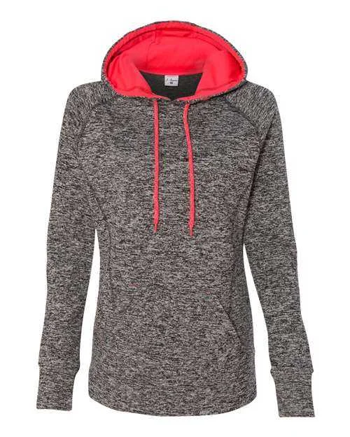 J. America 8616 Womens Cosmic Fleece Hooded Sweatshirt - Charcoal Fleck Fire Coral Hoodie with Embroidery Detailed Premium