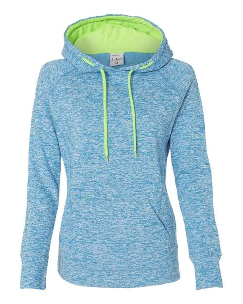 J. America 8616 Womens Cosmic Fleece Hooded Sweatshirt - Electric Blue Neon Green Hoodie with Ribbed Hem Stretchable Secure