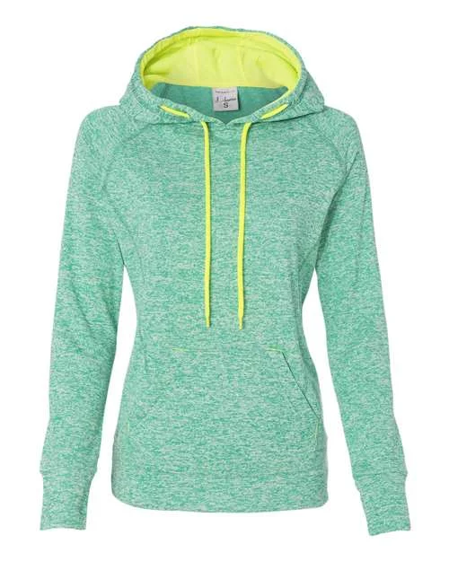 J. America 8616 Womens Cosmic Fleece Hooded Sweatshirt - Emerald Neon Yellow Hoodie with Thumb Holes Functional Cozy