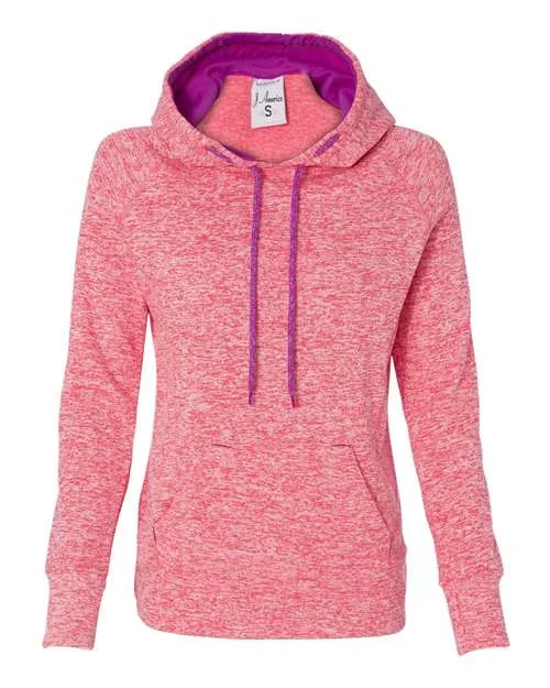 J. America 8616 Womens Cosmic Fleece Hooded Sweatshirt - Fire Coral Magenta Hoodie with Drawcord Adjustable Secure