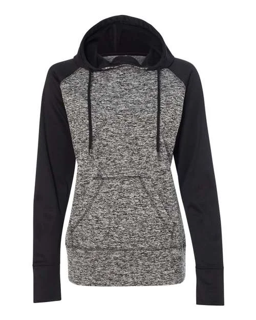 J. America 8618 Womens Colorblocked Cosmic Fleece Hooded Sweatshirt - Charcoal Fleck Black Hoodie with Pattern Geometric Abstract