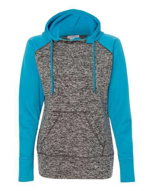 J. America 8618 Womens Colorblocked Cosmic Fleece Hooded Sweatshirt - Charcoal Fleck Electric Blue Hoodie with Stripes Bold Sporty