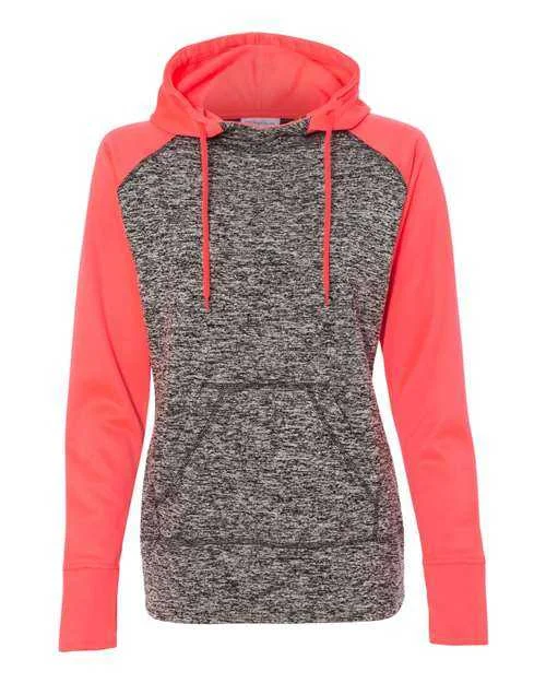 J. America 8618 Womens Colorblocked Cosmic Fleece Hooded Sweatshirt - Charcoal Fleck Fire Coral Hoodie with Typography Text Message