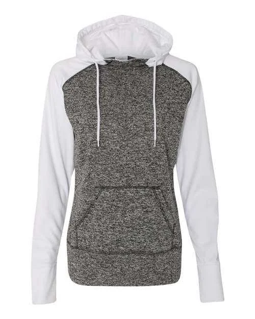 J. America 8618 Womens Colorblocked Cosmic Fleece Hooded Sweatshirt - Charcoal Fleck White Hoodie with Applique Textured Unique