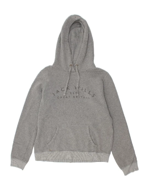 JACK WILLS Womens Graphic Hoodie Jumper UK 12 Medium Grey Flecked Cotton Hoodie with Metallic Shiny Futuristic