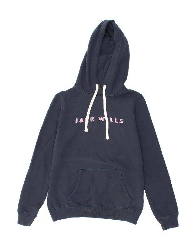 JACK WILLS Womens Graphic Hoodie Jumper UK 12 Medium Navy Blue Cotton Hoodie with Hood Adjustable Protection