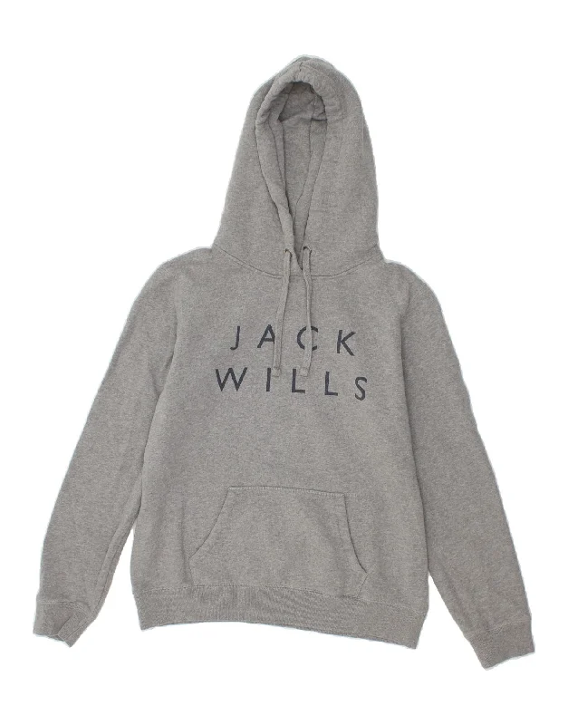 JACK WILLS Womens Graphic Hoodie Jumper UK 16 Large Grey Flecked Cotton Hoodie with Back Slit Movement Comfort