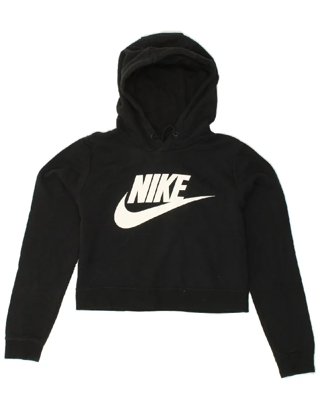 NIKE Womens Crop Graphic Hoodie Jumper UK 10 Small Black Cotton Hoodie Jacket Zipper Layering