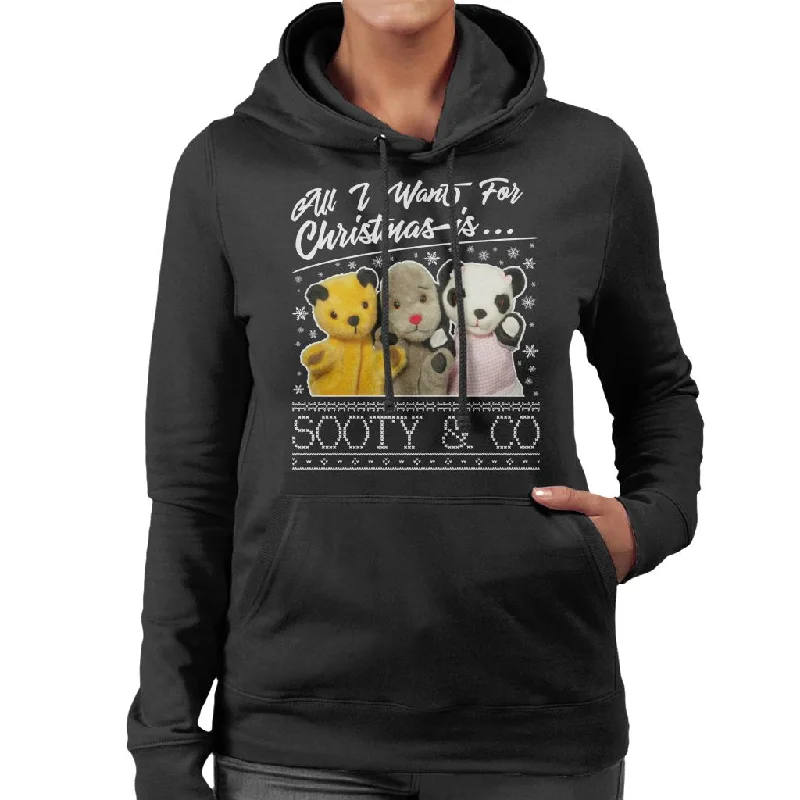 Sooty Christmas All I Want For Christmas Is Sooty And Co Women's Hooded Sweatshirt Hoodie with V-Neck Classic Versatile