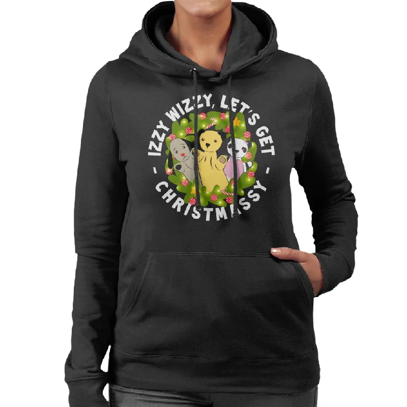 Sooty Christmas Illuminated Wreath Women's Hooded Sweatshirt Hoodie with Metallic Shiny Futuristic