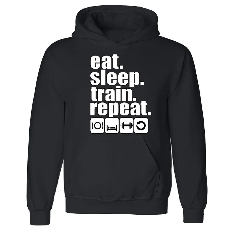 Zexpa Apparelâ„¢ Eat Sleep Train Repeat Unisex Hoodie Funny Gym Workout Fitness Hooded Sweatshirt Hoodie with Frayed Bohemian Relaxed