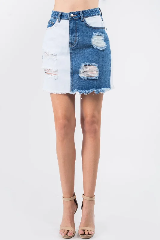 American Bazi Contrast Patched Frayed Denim Distressed Skirts cashmere skirt rich