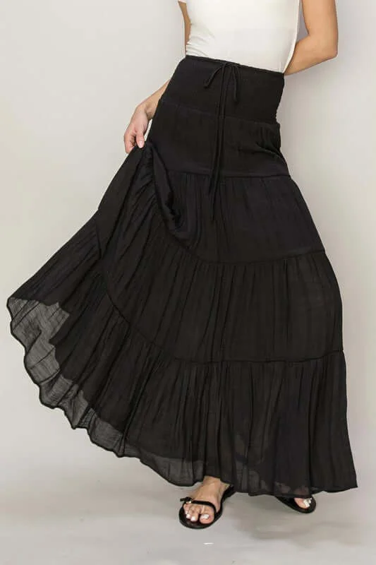 Black D-Drawstring Waist Tiered Maxi Skirt denim skirt stylish