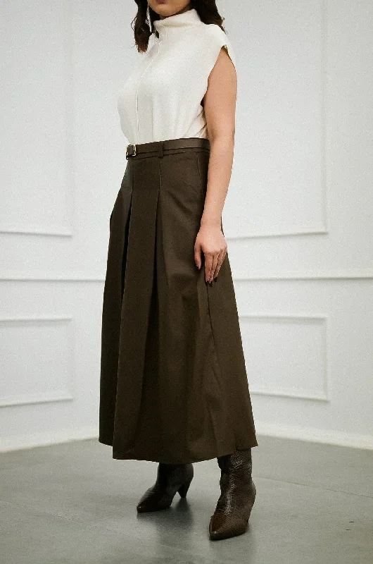 Elegance Box Pleated Faux Leather Skirt with Belt corduroy skirt textured