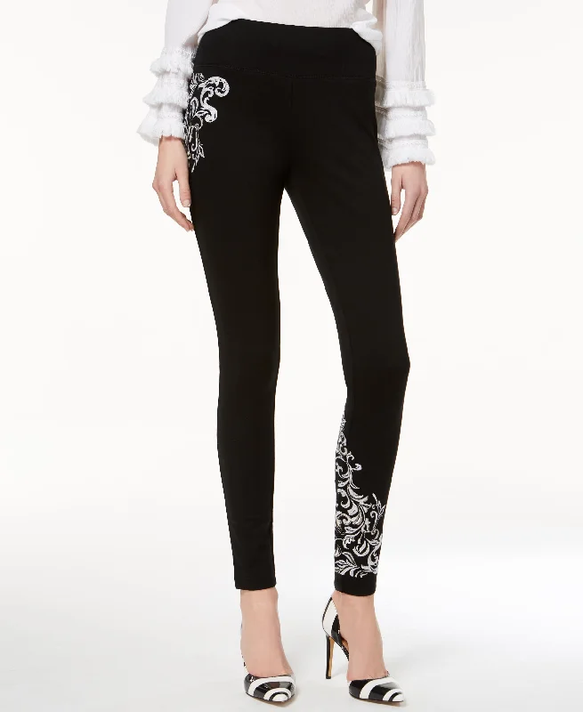 Embroidered Ponte Knit Leggings Casual Black Leggings