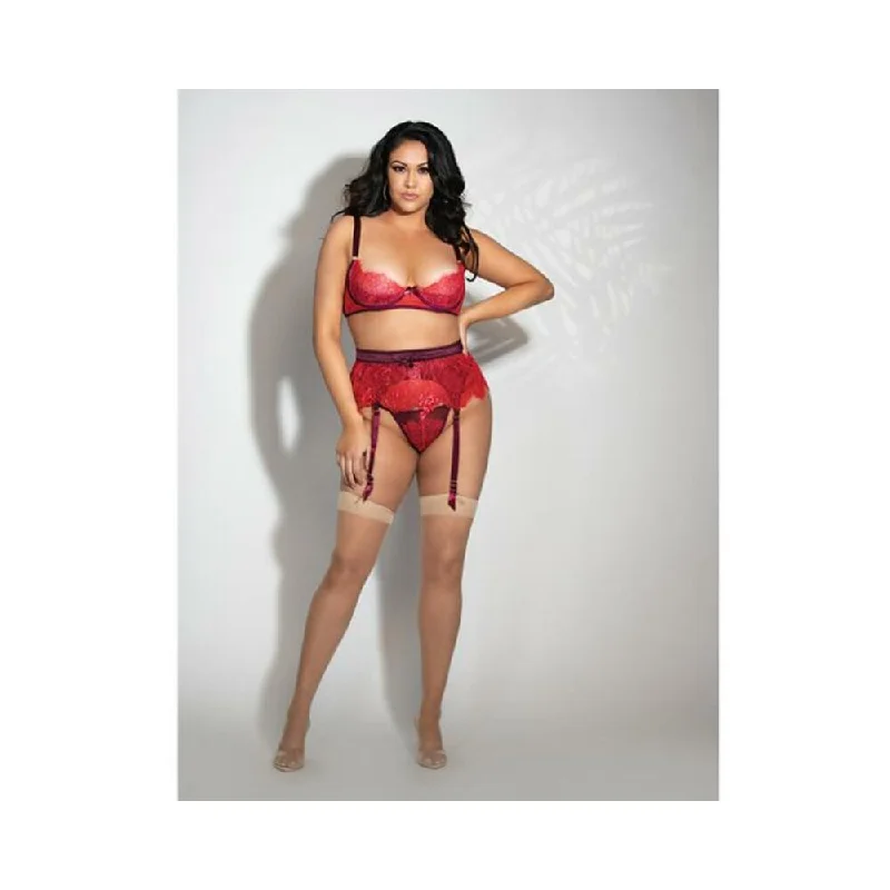 Eyelash Lace Underwire Bra, Garter Skirt & G-String Red 1X/2X athletic skirt fit