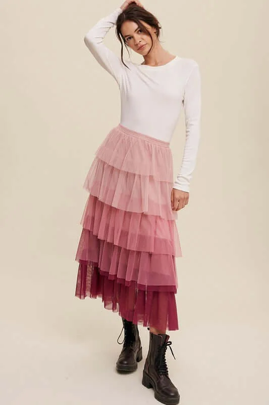 Gradient Style Tiered Mesh Maxi Skirt cashmere skirt fine