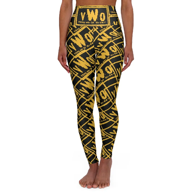 High Waisted Yoga Leggings - Black/Gold - VWO (Framed) Stylish Sweatproof Leggings