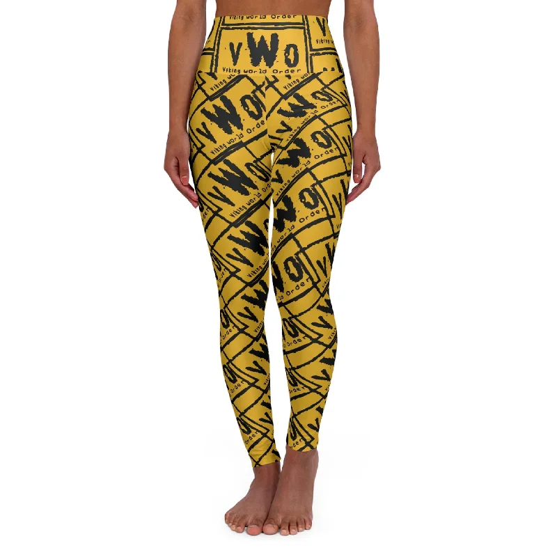 High Waisted Yoga Leggings - Gold/Black - VWO (Framed) Fashionable High-Rise Workout Leggings