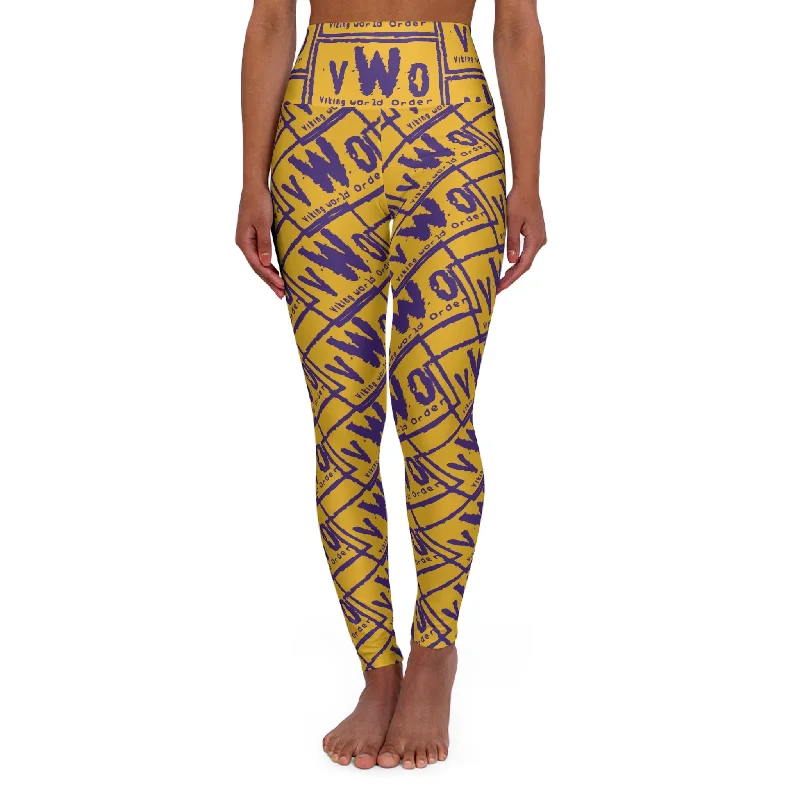 High Waisted Yoga Leggings - Gold/Purple - VWO (Framed) Comfortable Printed Workout Leggings