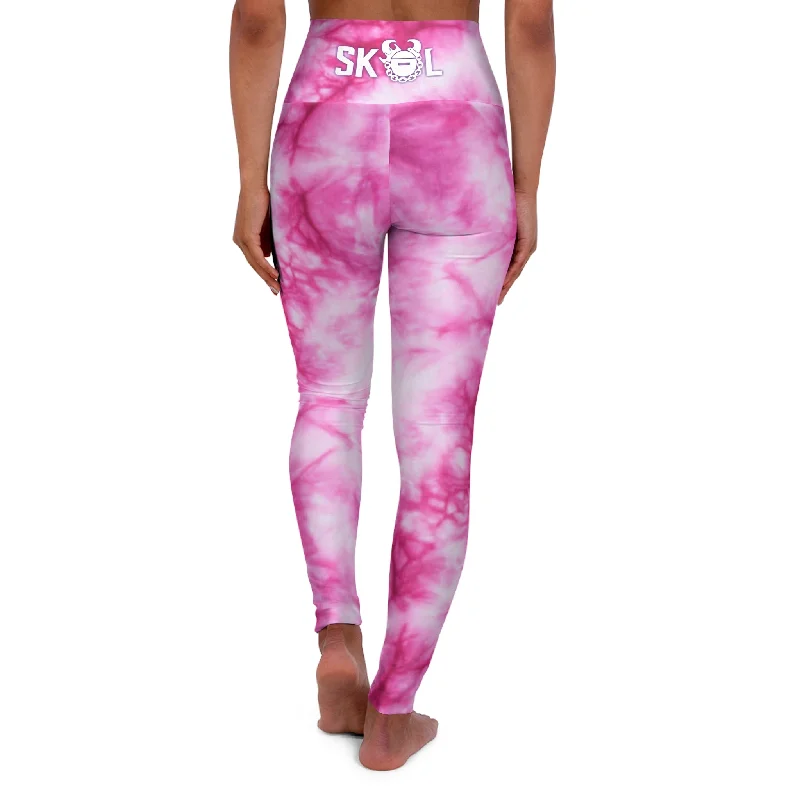 High Waisted Yoga Leggings - Pink Tie-Dye Fashionable Full-Length Active Leggings