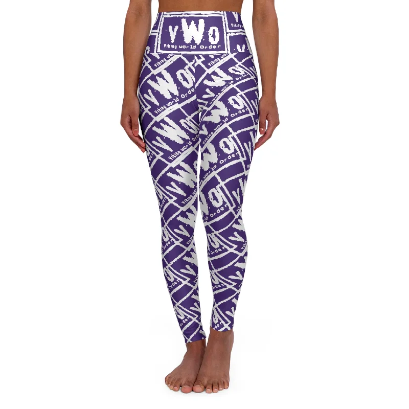 High Waisted Yoga Leggings - Purple/White - VWO (Framed) Trendy Black Mesh Leggings