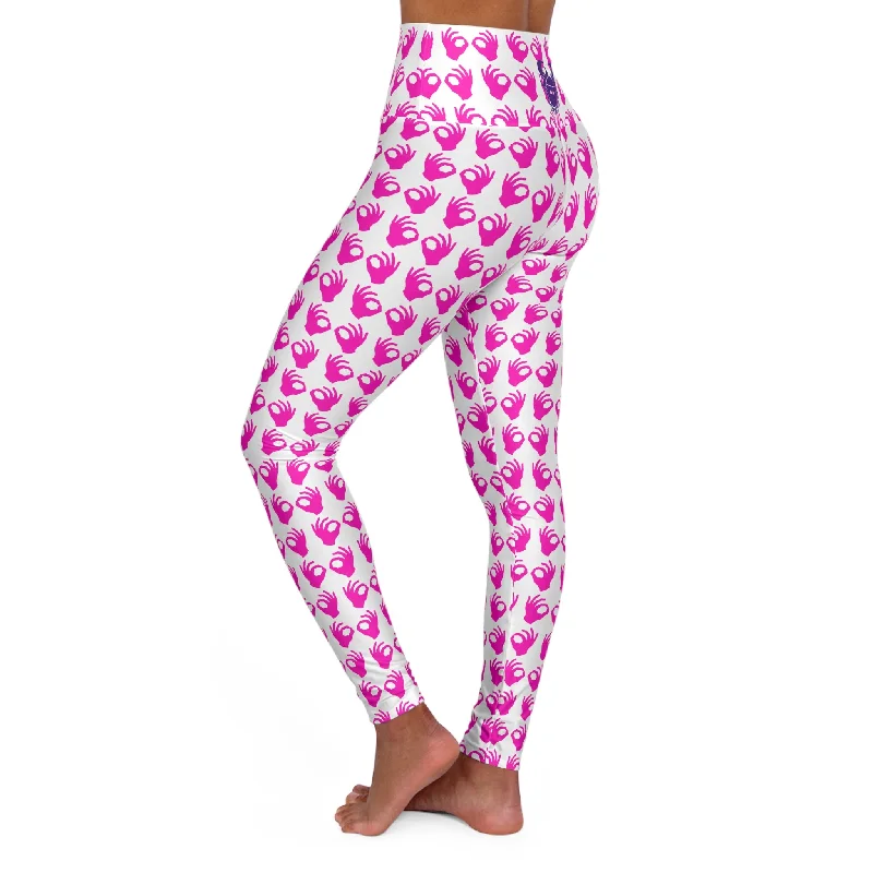 High Waisted Yoga Leggings - White/Pink Griddy Comfortable Stretch Leggings