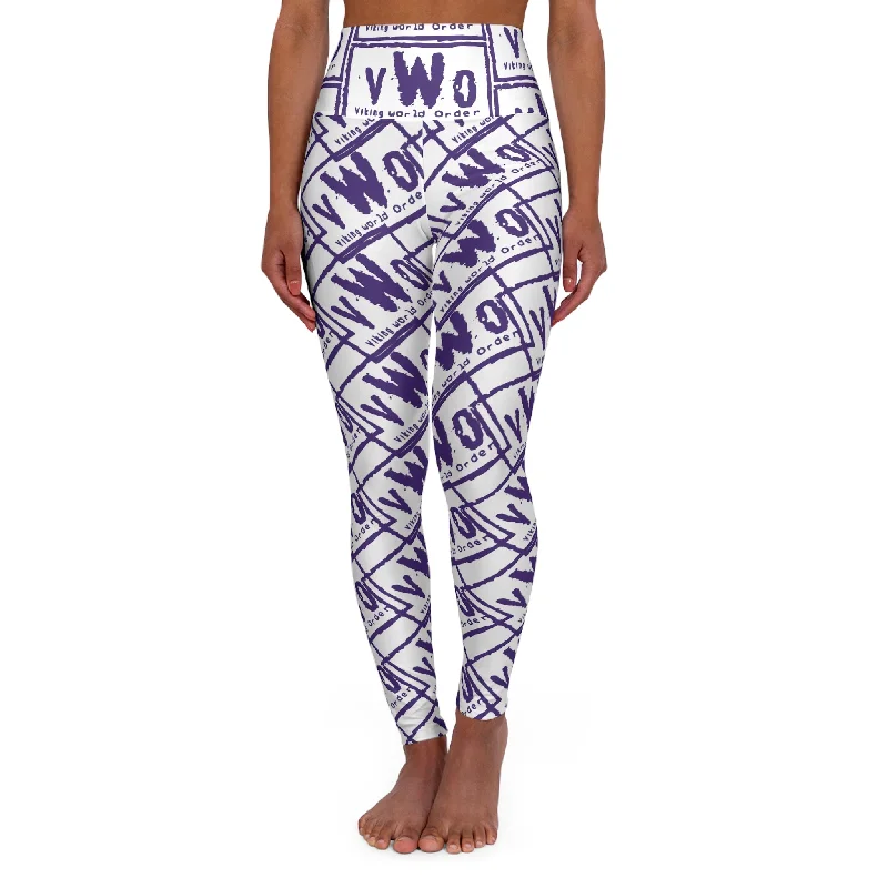 High Waisted Yoga Leggings - White/Purple - VWO (Framed) Comfortable Classic Yoga Leggings