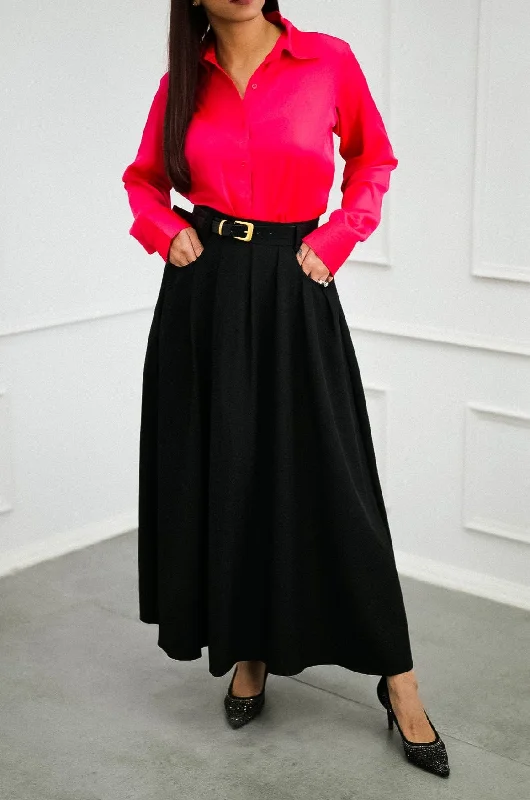 Infinite Black Long Pleated Skirt with Belt silk skirt smooth