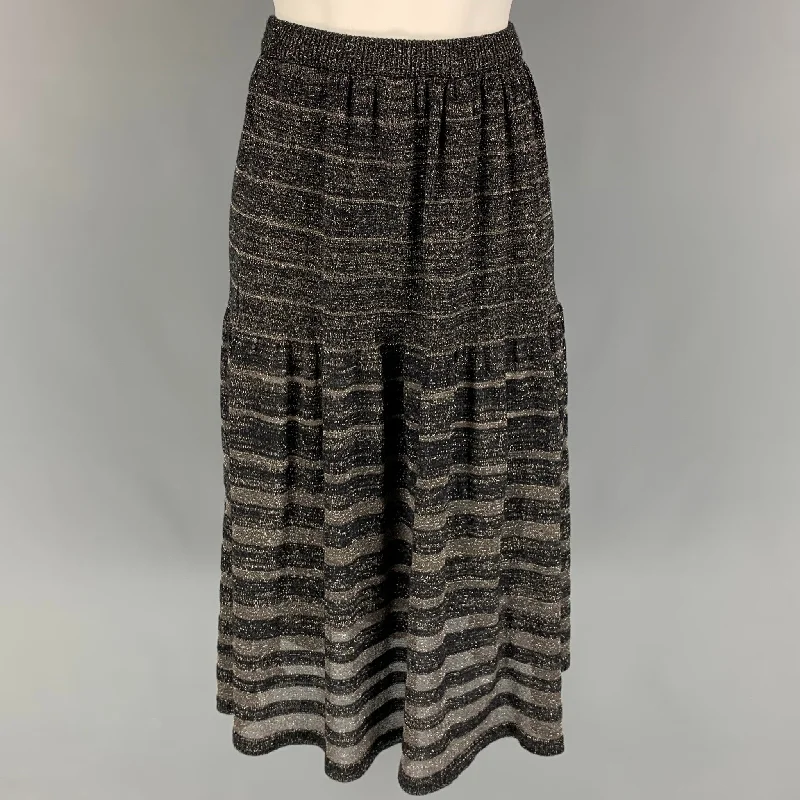 KENZO Size S Black Acrylic Blend Stripe Elastic Waistband Mid-Calf Skirt pleated skirt texture