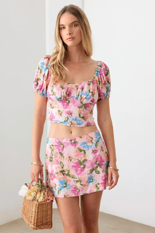 Le Lis Floral Puff Sleeve Crop Top and Mini Skirt Set velvet skirt plush