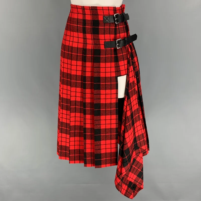 MONSE Size 0 Red Black Plaid Wool Skirt elastic waist skirt