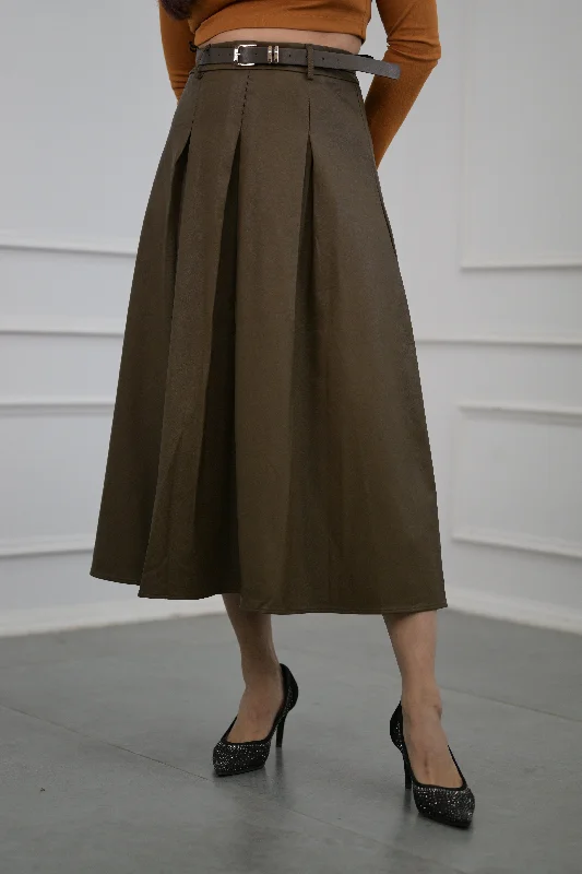 Moss Green  Box Pleated Faux Leather Skirt with Belt zip skirt side