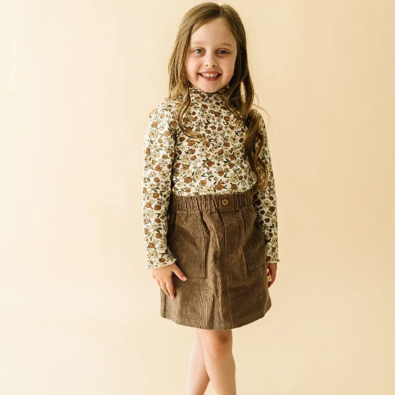 Organic Tee and Corduroy Skirt Set - Espresso button skirt front