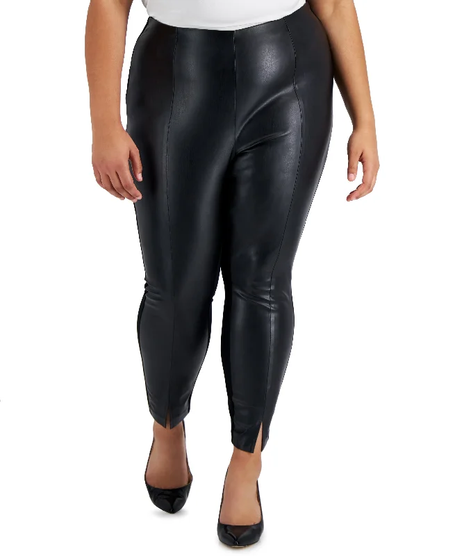 Plus Size Pleather-Front Leggings Trendy Leather-Look Workout Leggings