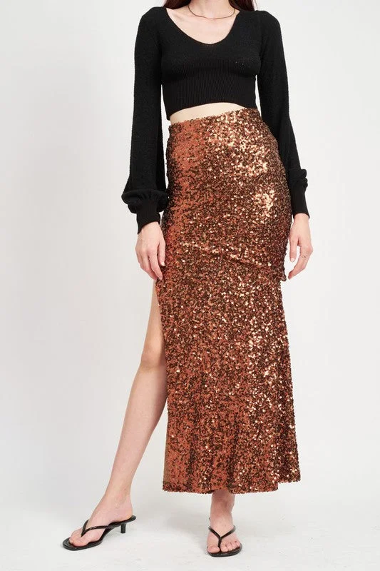 Brown Sequins High Waist Maxi Party Skirt slim fit skirt